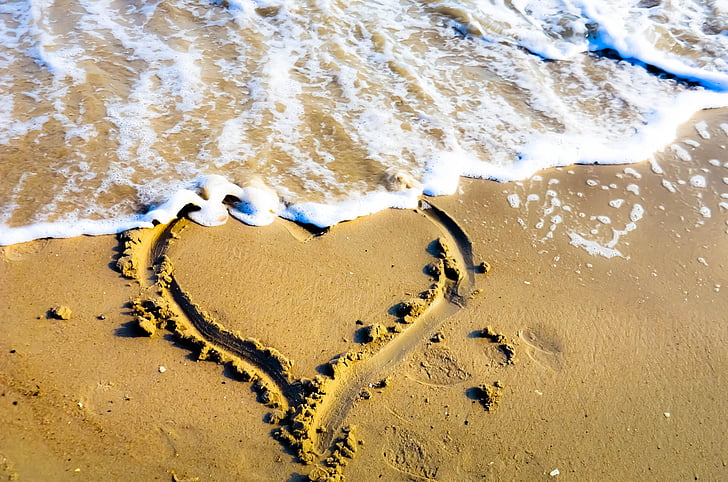 Herz, Sand, Strand, Surf, Wellen, romantische, Ausdruck