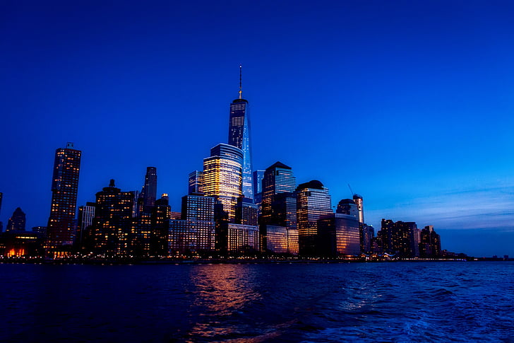 New york city, urbain, coucher de soleil, tombée de la nuit, Baie, Harbor, eau