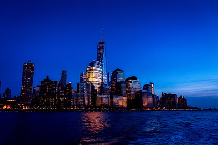 new york city, urban, sunset, dusk, bay, harbor, water