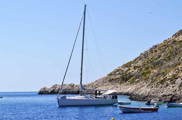 jachtos, valtis kraštovaizdžio, Zakynthos saloje Graikijoje, mėlynos jūros peizažas, Zakintas, sala, kraštovaizdžio