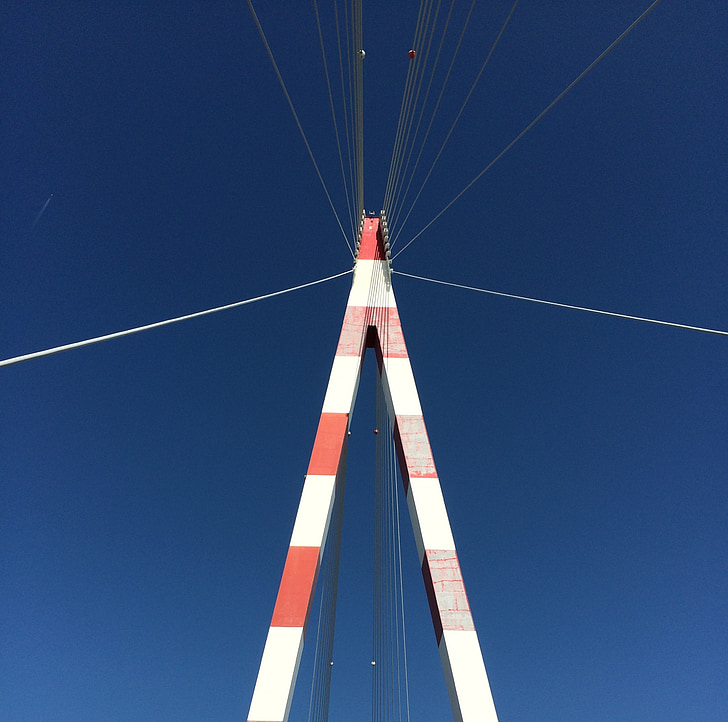 bridge, saint-nazaire, sky, structure, red, blue sky, height