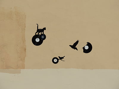 grafiti, dinding, seni jalanan, kucing, grafik, obrolan, hitam