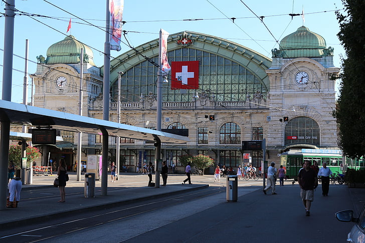 Basel, jernbanestasjon, bybildet, gamle, historiske, trafikk