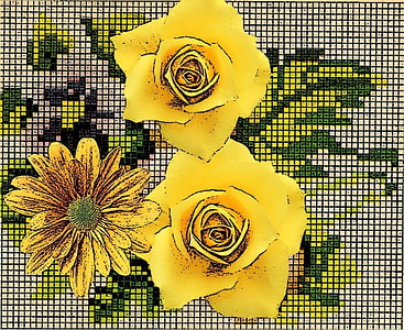 bloemen, geel, risico van borduren, montage kit