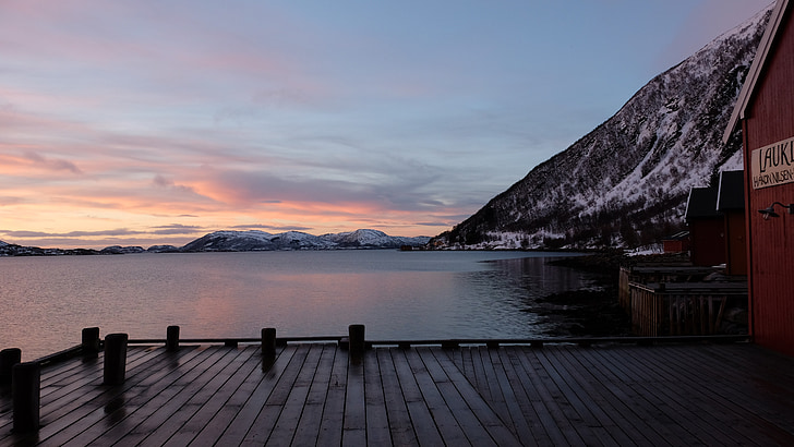 tombée de la nuit, paysage, Lac, hiver, vue, Lauklines kystferie, Tromso