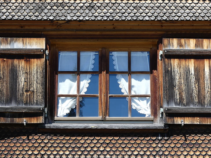 janela, vidro de janela, madeira, Shingle, obturador, cortina