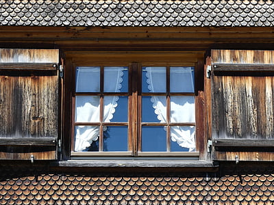 창, 창 유리, 나무, 지붕 널, 셔터, 커튼