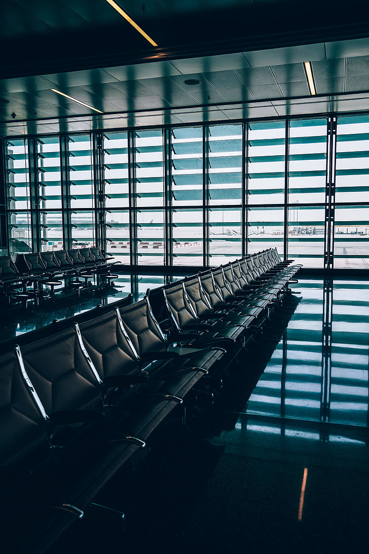 airport, architecture, building, chairs, empty, seats, window