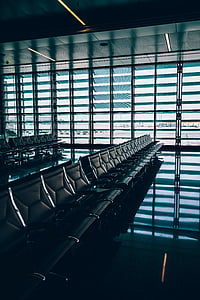 airport, architecture, building, chairs, empty, seats, window