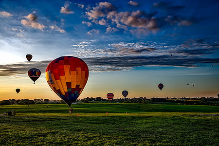 horkovzdušné balóny, obloha, mraky, východ slunce, vzlet, Iowa, krajina