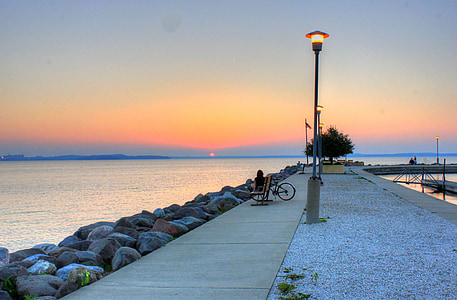 lake, girl, sunset, pier, scenic, colorful, rocks