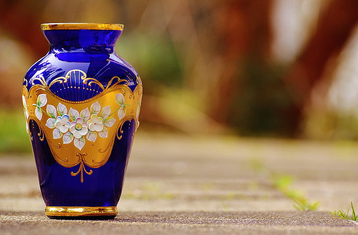 vase, blue, glass, ornament, flower, blossom, bloom