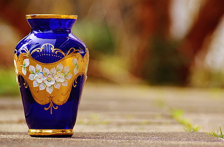 vase, blå, glas, ornament, blomst, Blossom, Bloom