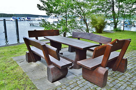 座席の組み合わせ, 木材, 素朴です, テーブル, ベンチ, 手の労働, 茶色