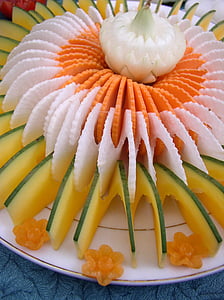 spiral, vegetabilsk, mad, dekoration, græskar, gulerod, løg