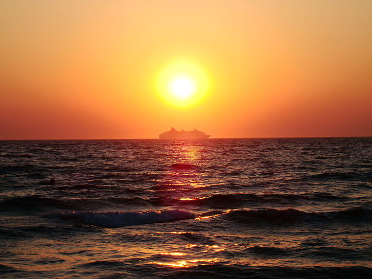Sunset, skib, havet, natur, solen, sommer, sollys