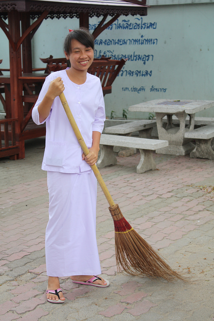 woman, cleaning, thailand, broom, asia, people, sweeping