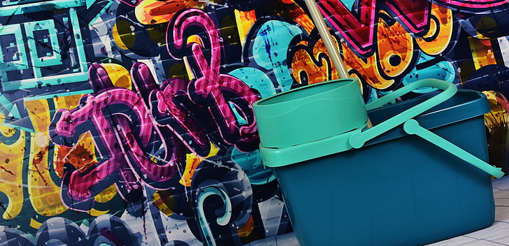 Graffiti, Putz bøtte, fjerne, gjøre rent, Rengjør, rengjøring, flerfargede