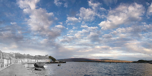 Escocia, Tobermory, Isla de mull, antiguo, Vintage, nubes, Océano