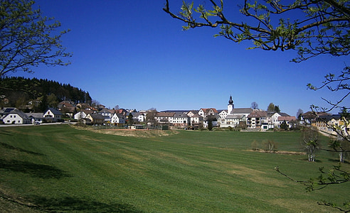 Liebenau, Austria, wieś, budynki, niebo, chmury, sceniczny