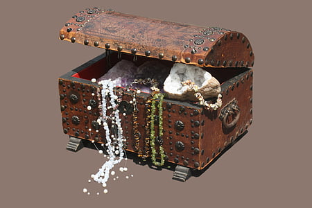 Tesoro, joyas, caja, cofre del tesoro, decoración, joyería, cadenas
