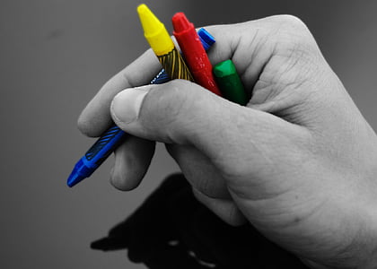 cire, crayons de couleur, colorie, main, peinture, école, besoin
