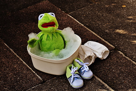 Kermit, bad, badeskum, morsom, frosk, søt, svømme