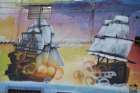 graffiti, painting, ship, drawing, artwork, image, hauswand