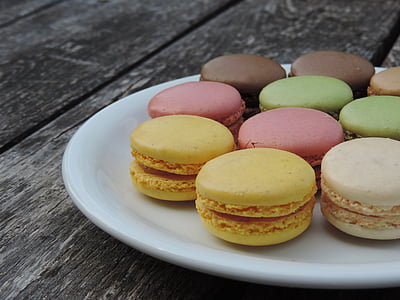 Macarons, Francia, Colore, piastra, tavolo in legno, giallo, rosa