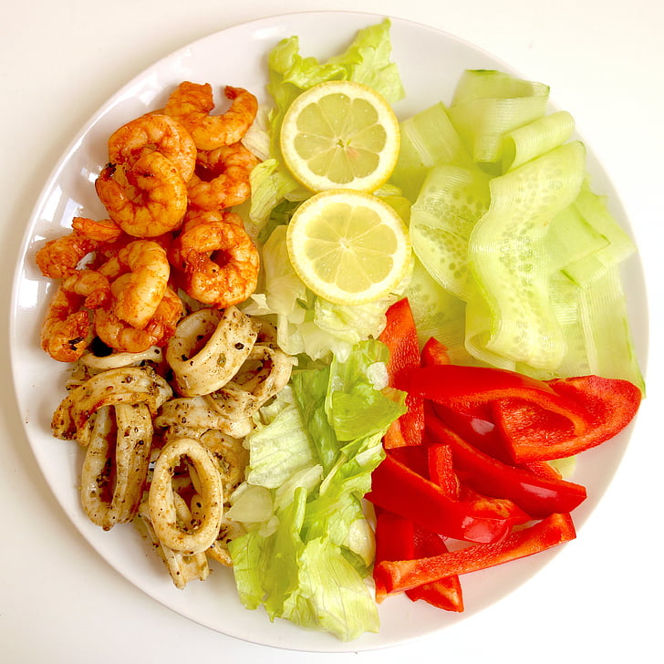τροφίμων, Σαλάτα, Θαλασσινά, γεύμα, υγιεινή, γαρίδες, καλαμάρι