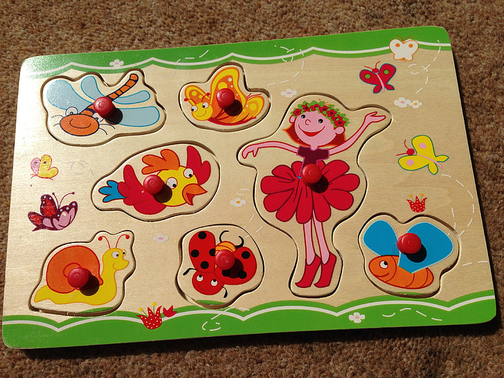 Jigsaw, toddler, spēlēt, gliemezis, tauriņš, spāre, attēlā