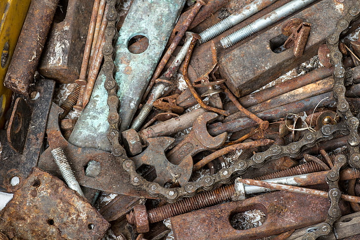 eina vell, clau anglesa, rovellat, acer, reparació, equips, indústria de la construcció