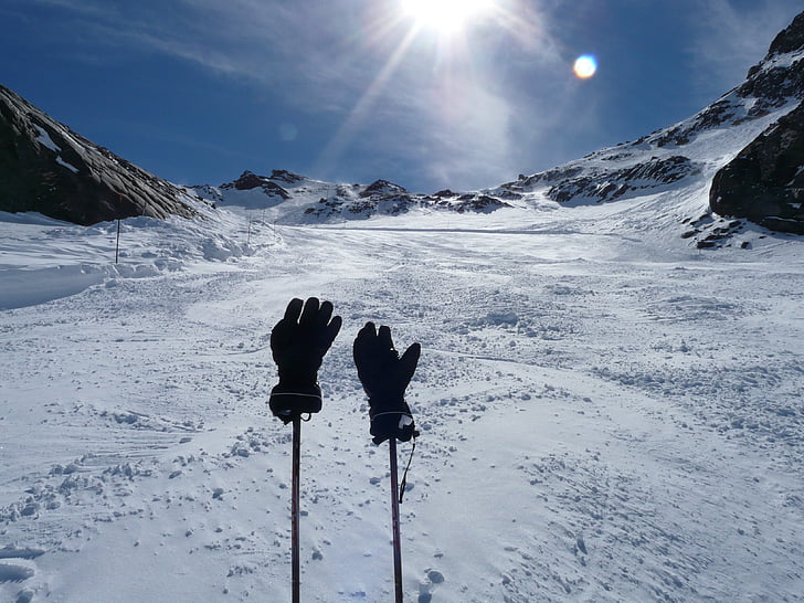 gloves, ski poles, winter, skiing, alpine, mountains, snow