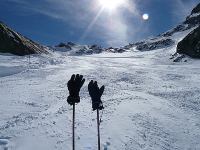 手套, 滑雪竿, 冬天, 滑雪, 高山, 山脉, 雪