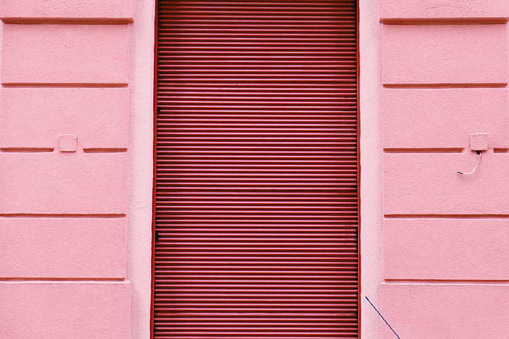 pink, wooden, door, wall, siding, closed, shutter