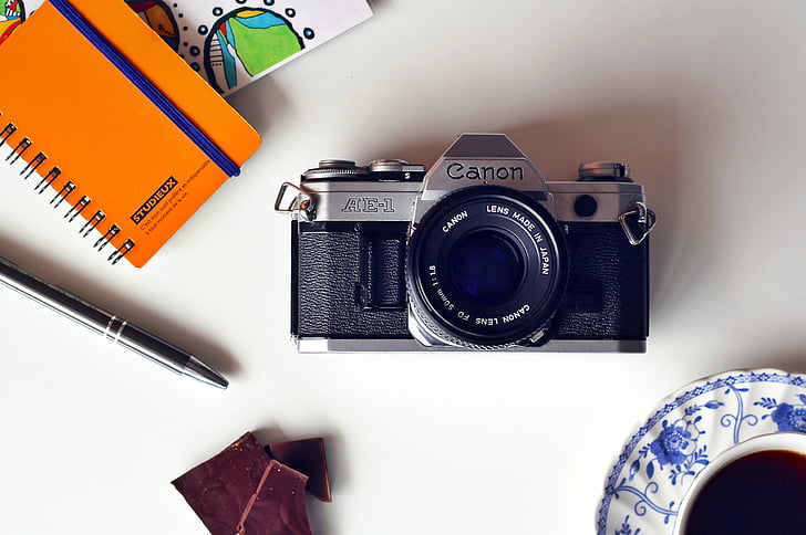 kamera, Canon, klasszikus, kávé, kupa, íróasztal, lencse