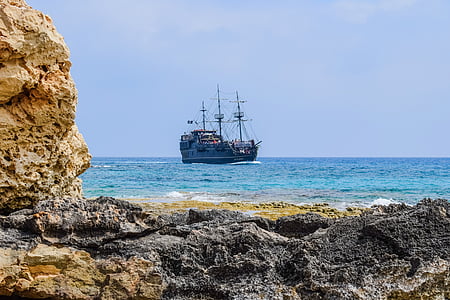 rocky coast, landscape, pirate ship, sailboat, sea, cruise ship, ayia napa