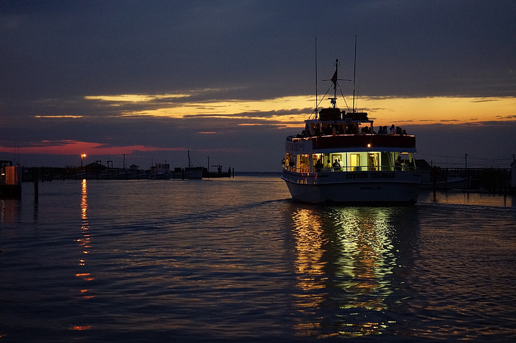 boat, ship, sunset, illuminated, lake, water, cruise