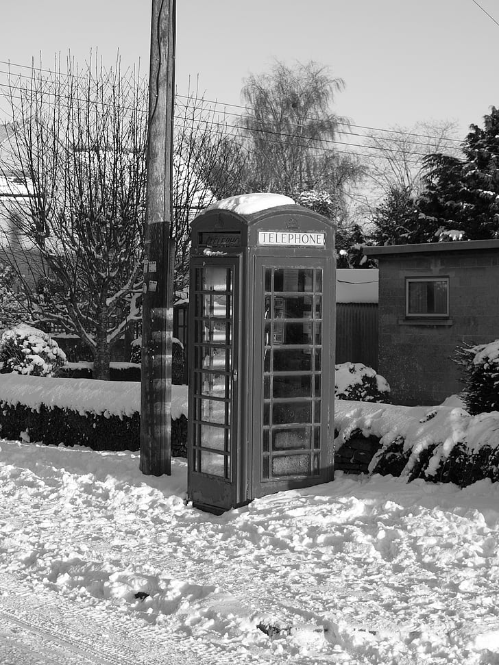 snow, telephone box, phone, box, telephone, red, traditional