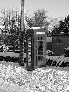neve, caixa de telefone, telefone, caixa, telefone, vermelho, tradicional