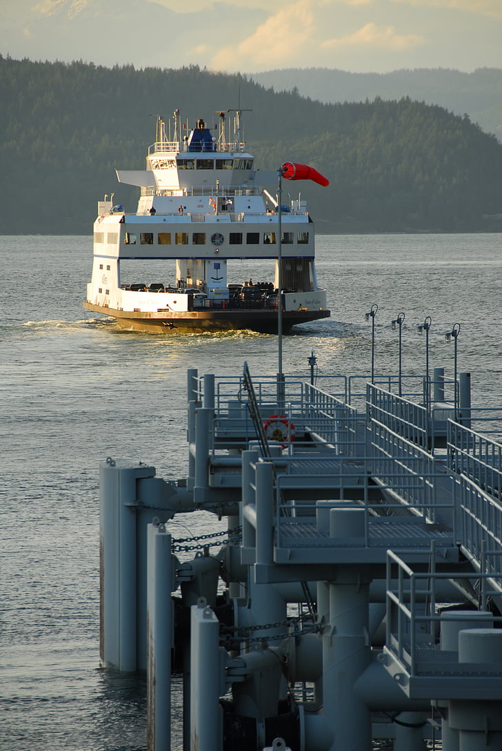 ferry, harbor, sunset, ocean, island, forest