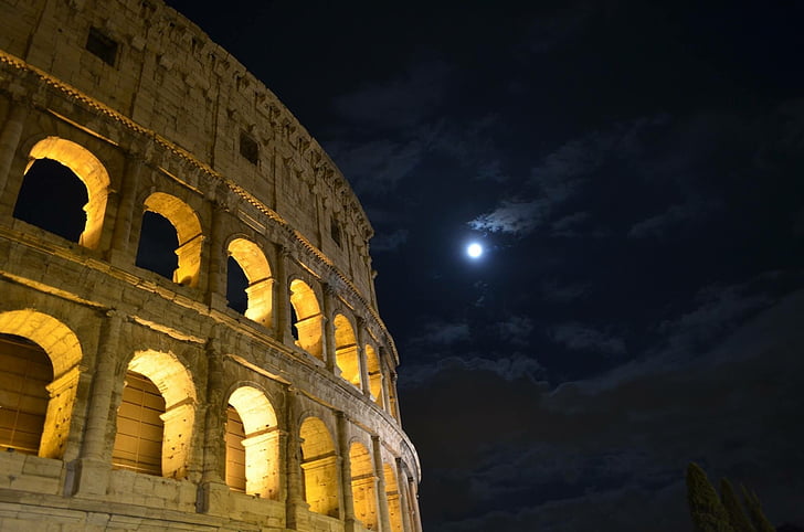 luna, colosseum, rome, night, ancient rome, culture, roman coliseum