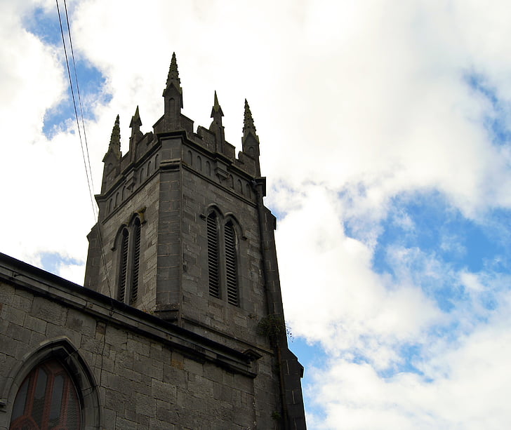 Irlanda, Igreja, Torre, arquitetura, velho, edifício, nuvens