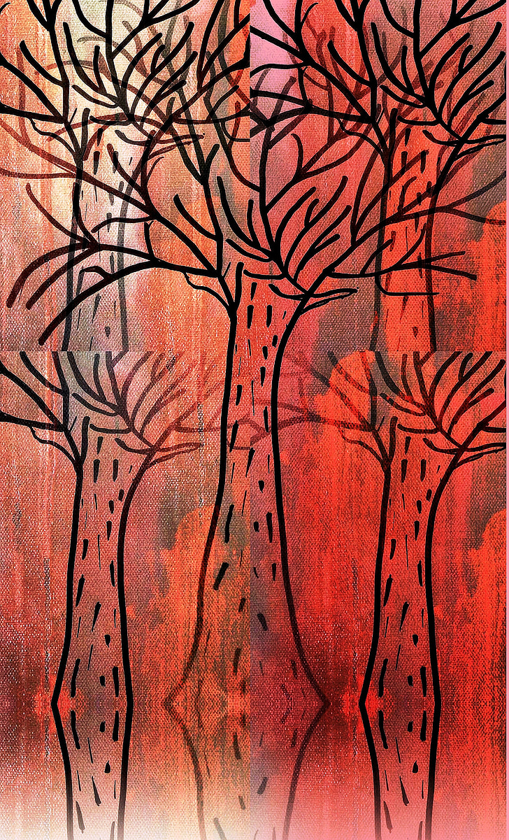 Moderna umjetnost, slika, slika, stabla, šuma, rastu, Crveni