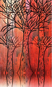 μοντέρνα τέχνη, εικόνα, Ζωγραφική, δέντρα, δάσος, μεγαλώνουν, κόκκινο