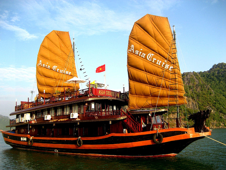 Vietnamees schip, schip, Cruise, Halong bay, reizen, Tour, het zien van de site