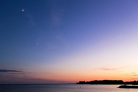 silhouet, eiland, bewolkt, blauw, hemel, zonsondergang, schemering