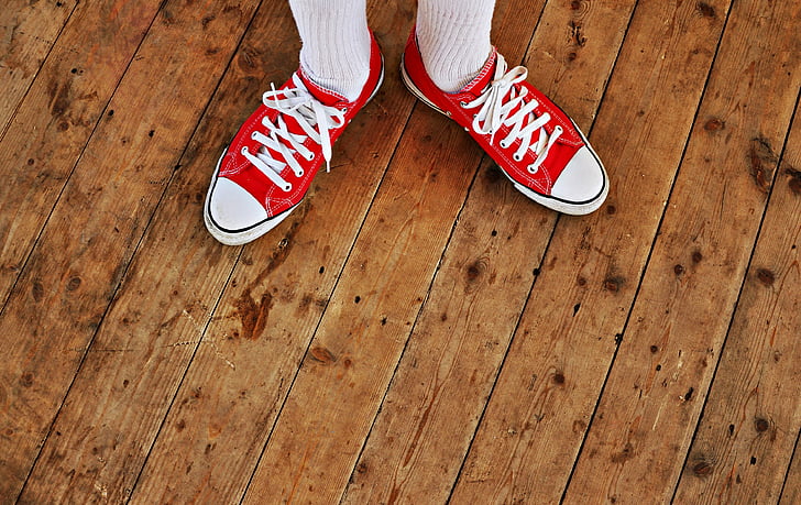 board, fashion, floor, footwear, red sneakers, shoes, standing