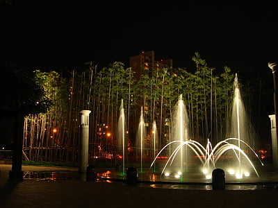 fountain, night view, park, summer, street lights