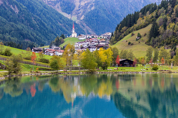 el Tyrol del sur, montañas, Lago, paisaje, panorama, Alpine, espejado